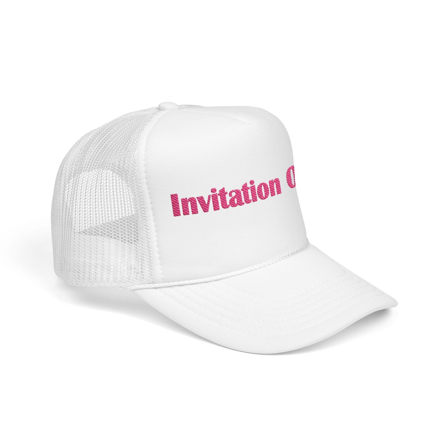 Invitation Only Trucker Hat — Pink Text Foam Cap