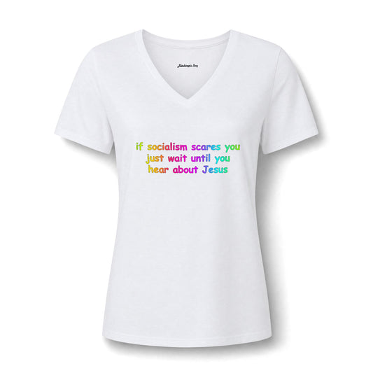 Women's V-Neck Tee — Socialist Jesus Ironic Graphic Shirt