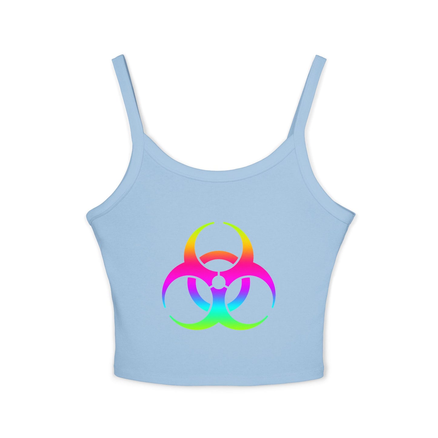 Rainbow Biohazard Crop Tank Top – Neon Hazard Symbol Spaghetti Strap