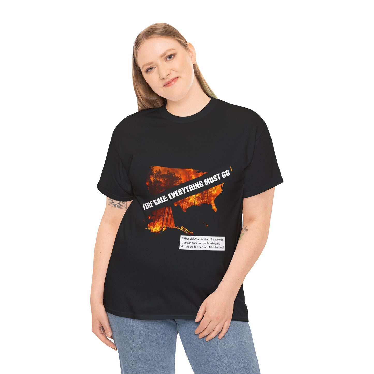 250th anniversary T-Shirt — USA on Fire Graphic Tee with “Fire Sale: Everything Must Go” Text