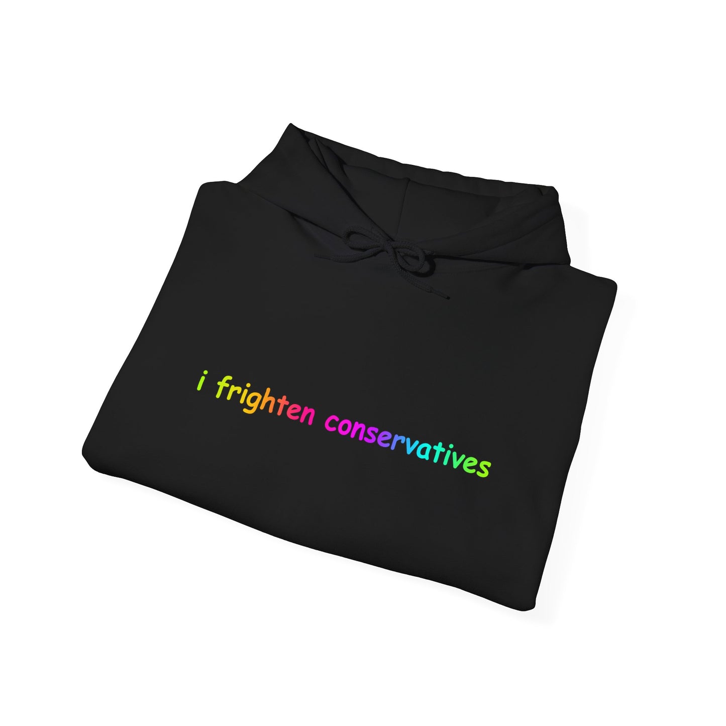 Hoodie — "I Frighten Conservatives" Rainbow Text Pullover