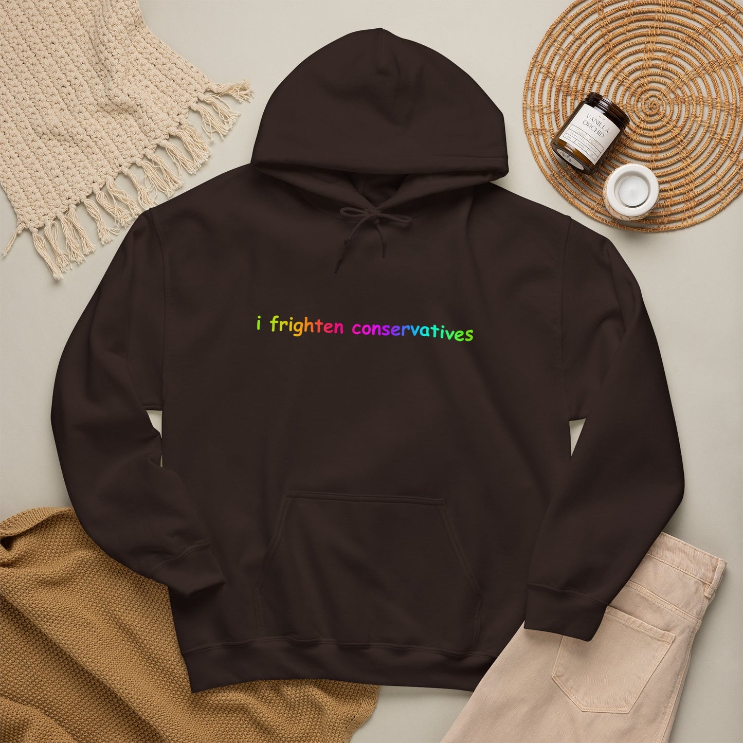 Hoodie — "I Frighten Conservatives" Rainbow Text Pullover