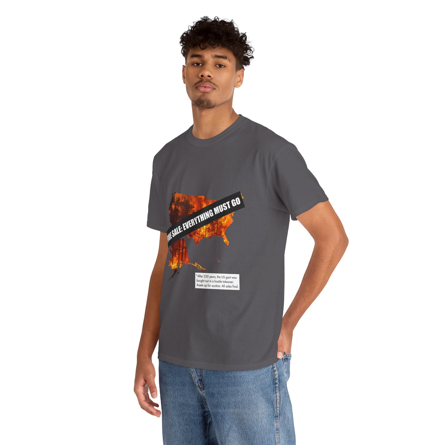 250th anniversary T-Shirt — USA on Fire Graphic Tee with “Fire Sale: Everything Must Go” Text