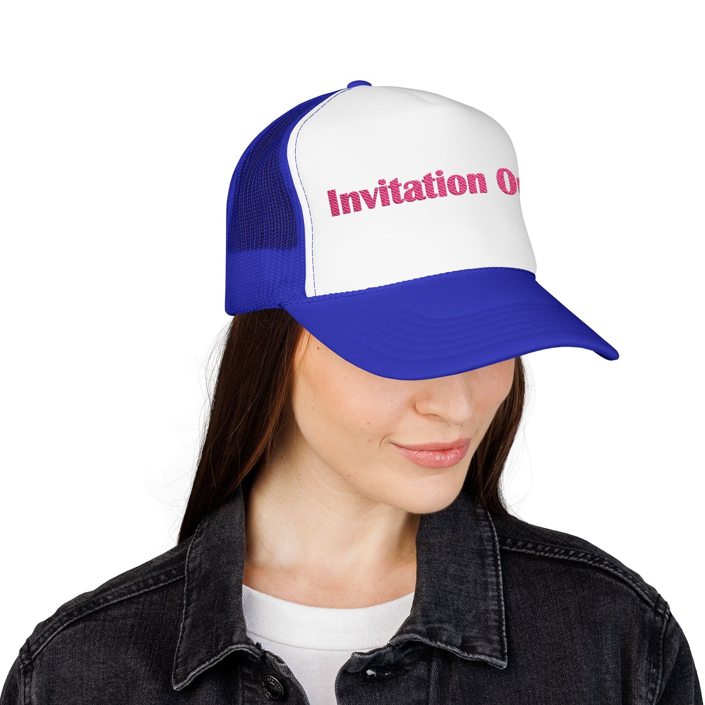 Invitation Only Trucker Hat — Pink Text Foam Cap