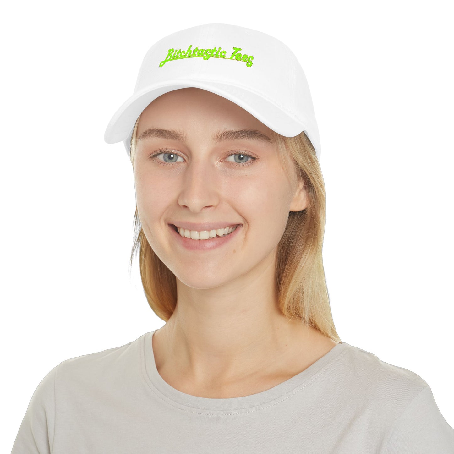 Printed "Bitchtastic Tees" Low Profile Baseball Cap — Retro Script Logo Hat