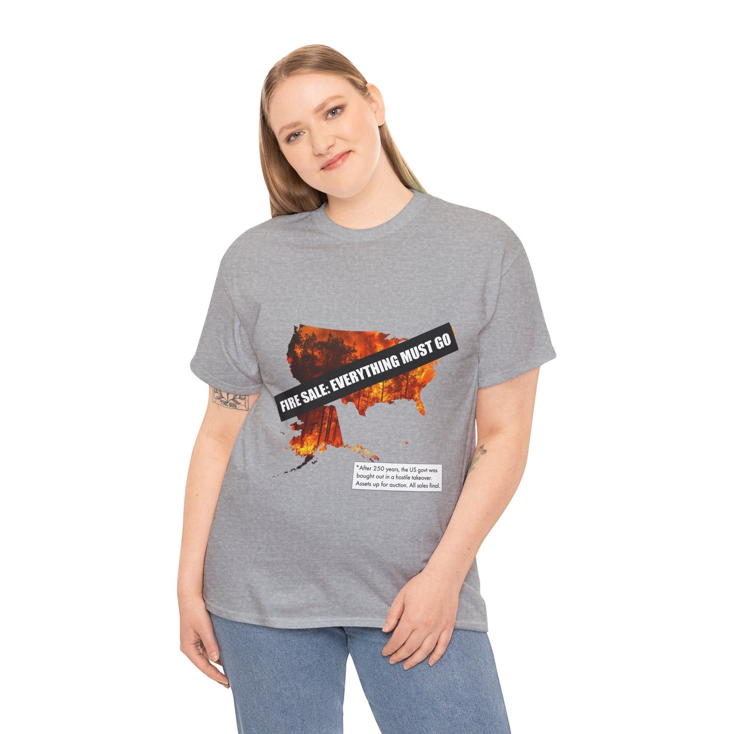 250th anniversary T-Shirt — USA on Fire Graphic Tee with “Fire Sale: Everything Must Go” Text