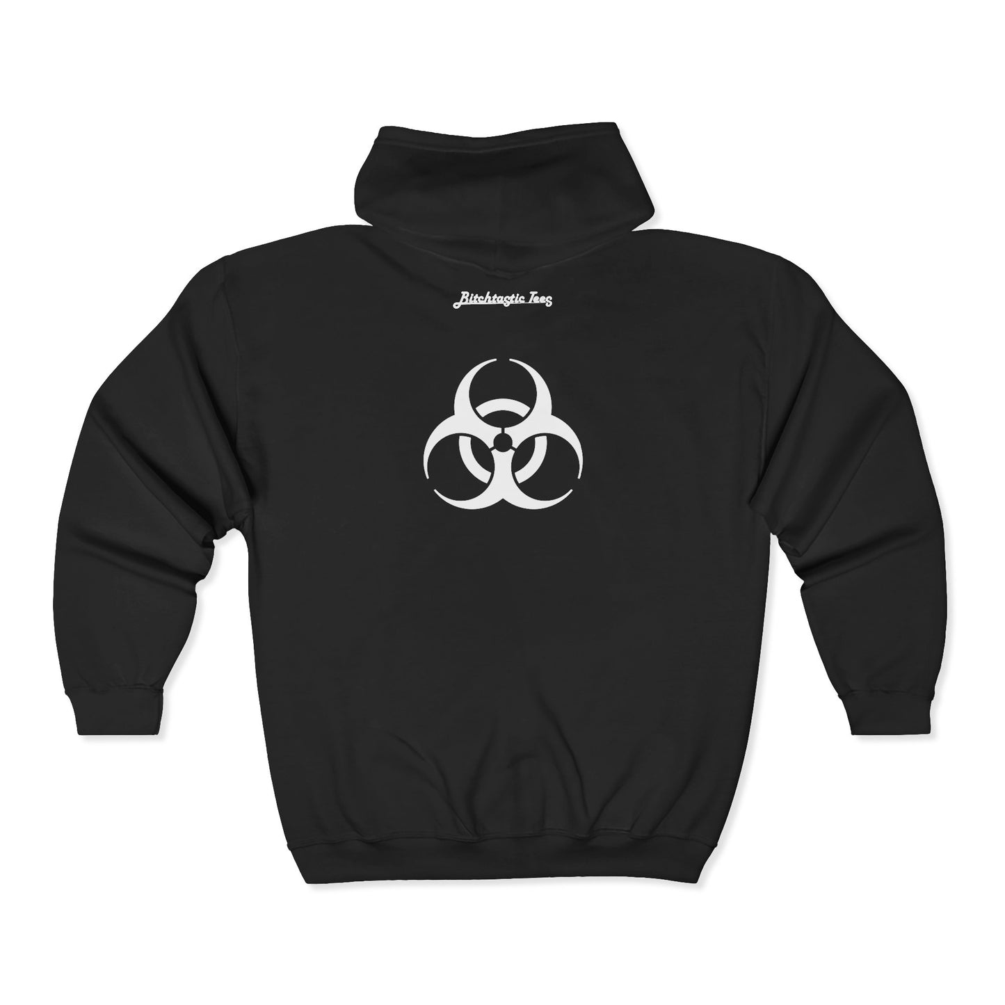 Fire. Zip Hoodie with Biohazard Back Graphic — Edgy Streetwear Zip-Up