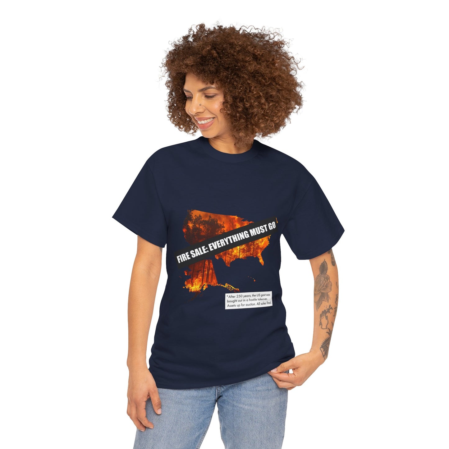 250th anniversary T-Shirt — USA on Fire Graphic Tee with “Fire Sale: Everything Must Go” Text