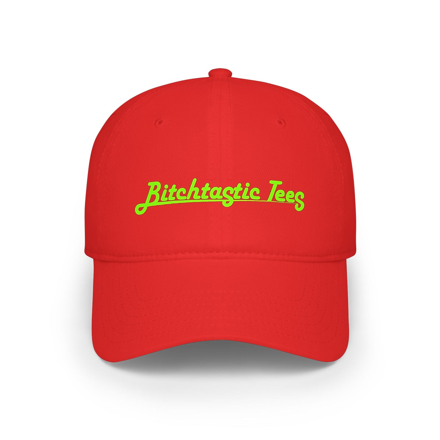 Printed "Bitchtastic Tees" Low Profile Baseball Cap — Retro Script Logo Hat