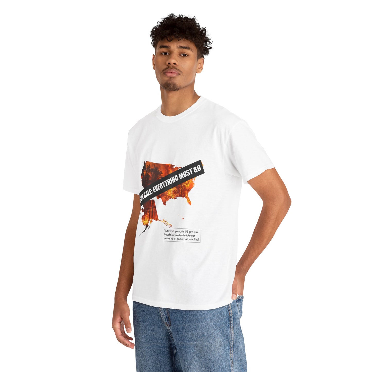 250th anniversary T-Shirt — USA on Fire Graphic Tee with “Fire Sale: Everything Must Go” Text