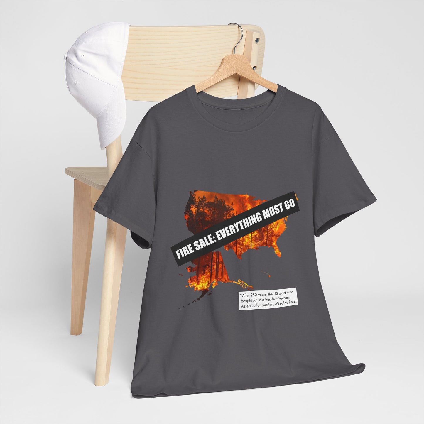 250th anniversary T-Shirt — USA on Fire Graphic Tee with “Fire Sale: Everything Must Go” Text