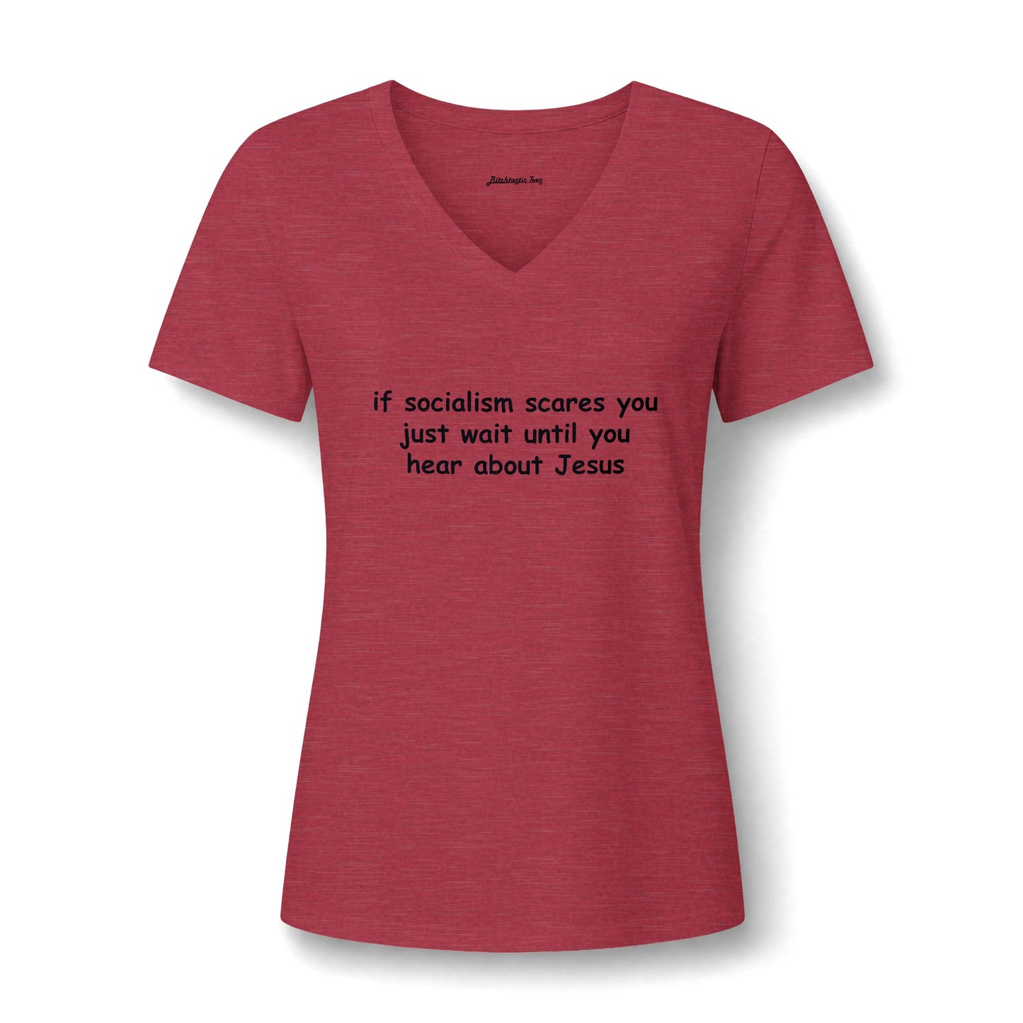 Women's V-Neck Tee — Socialist Jesus Ironic Graphic Shirt