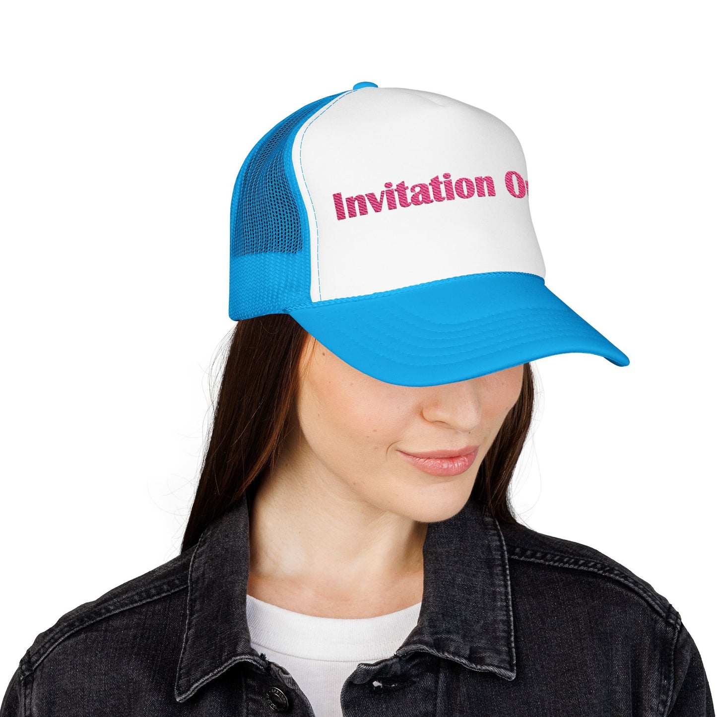 Invitation Only Trucker Hat — Pink Text Foam Cap