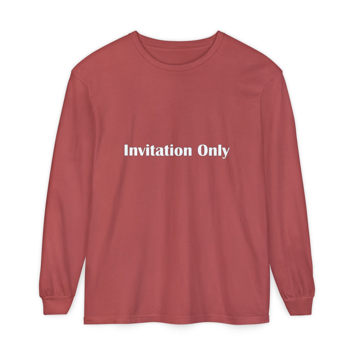 Invitation Only Long Sleeve Tee — Minimal Pink Text Graphic