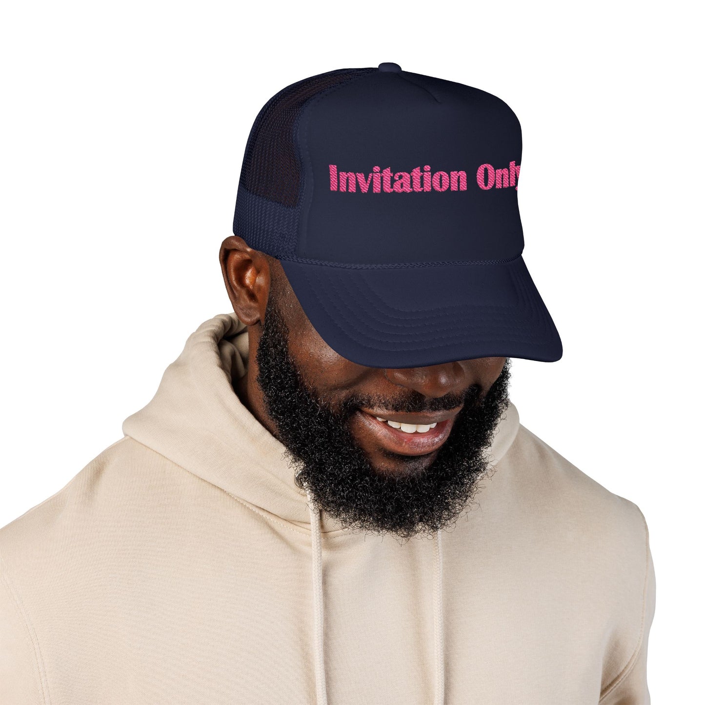 Invitation Only Trucker Hat — Pink Text Foam Cap