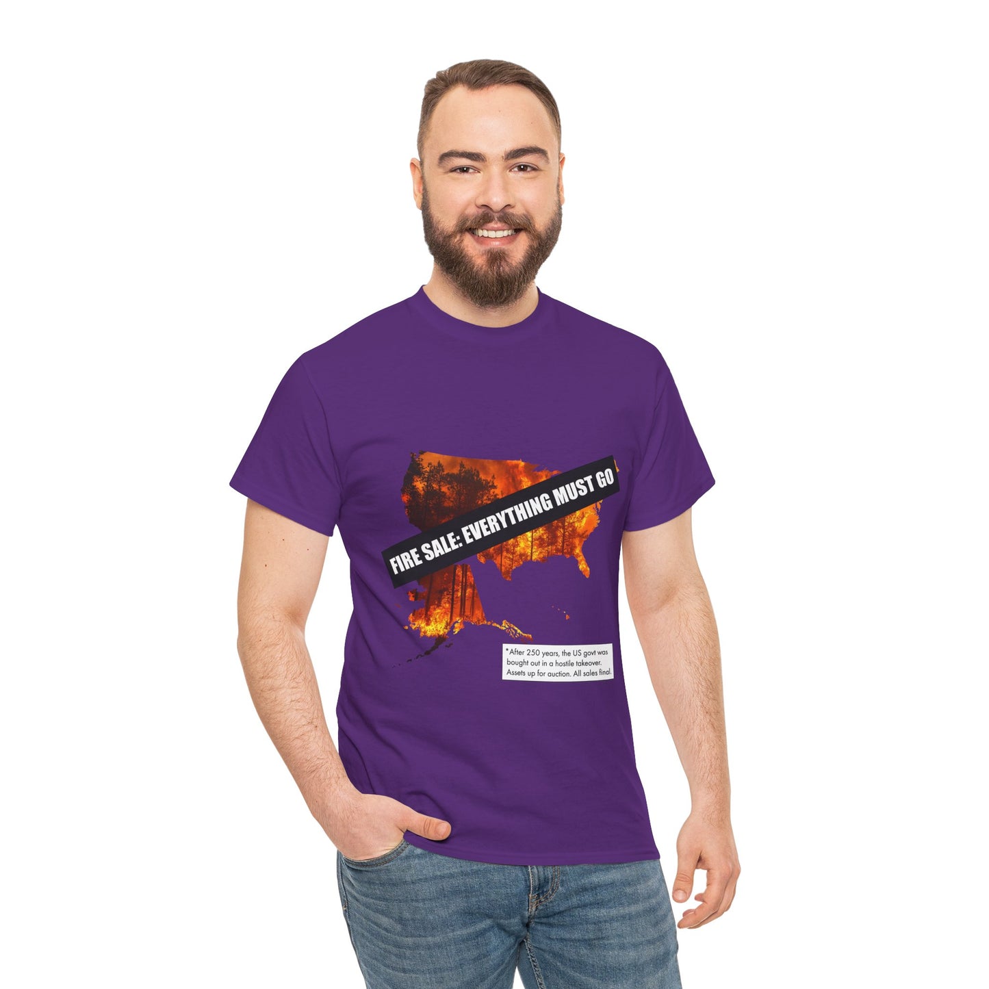 250th anniversary T-Shirt — USA on Fire Graphic Tee with “Fire Sale: Everything Must Go” Text