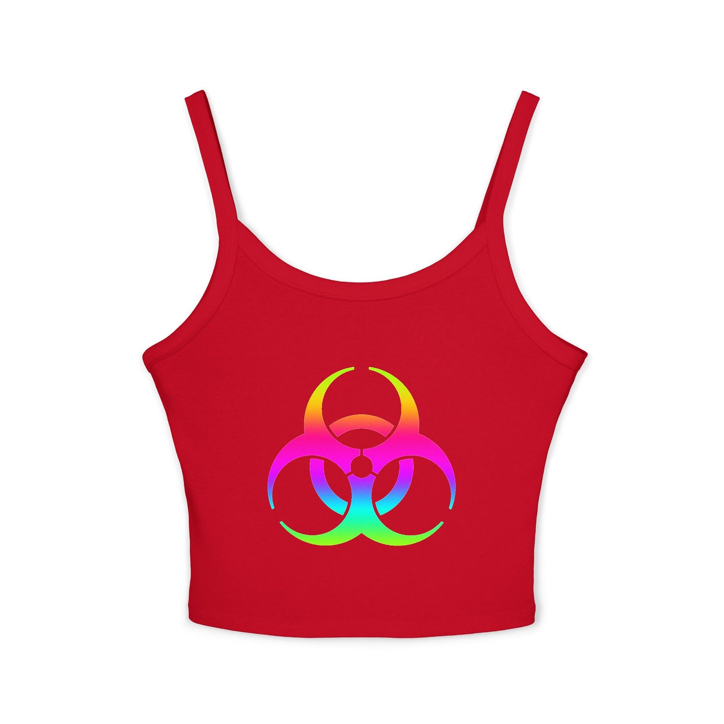 Rainbow Biohazard Crop Tank Top – Neon Hazard Symbol Spaghetti Strap