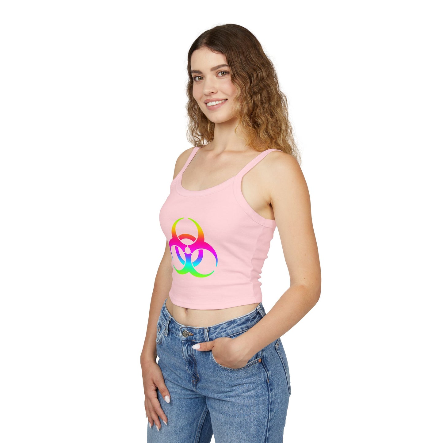 Rainbow Biohazard Crop Tank Top – Neon Hazard Symbol Spaghetti Strap