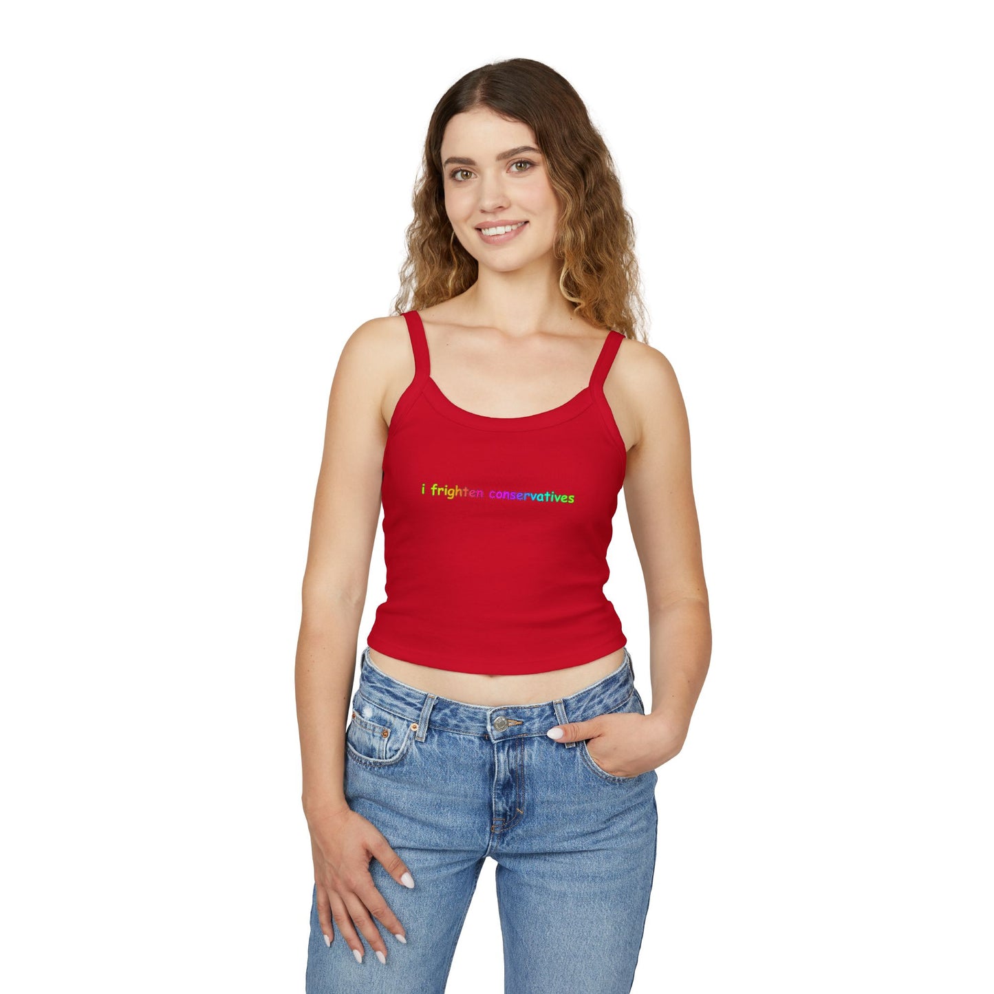 Spaghetti Tank Top — "I Frighten Conservatives" Colorful Feminist Crop