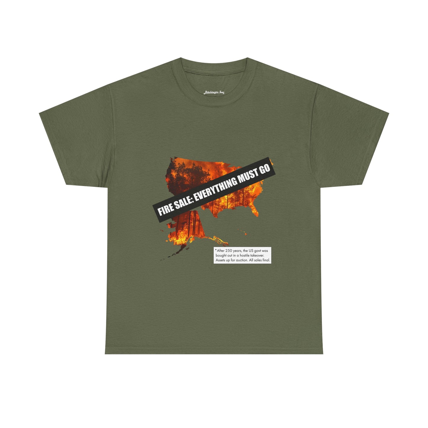250th anniversary T-Shirt — USA on Fire Graphic Tee with “Fire Sale: Everything Must Go” Text