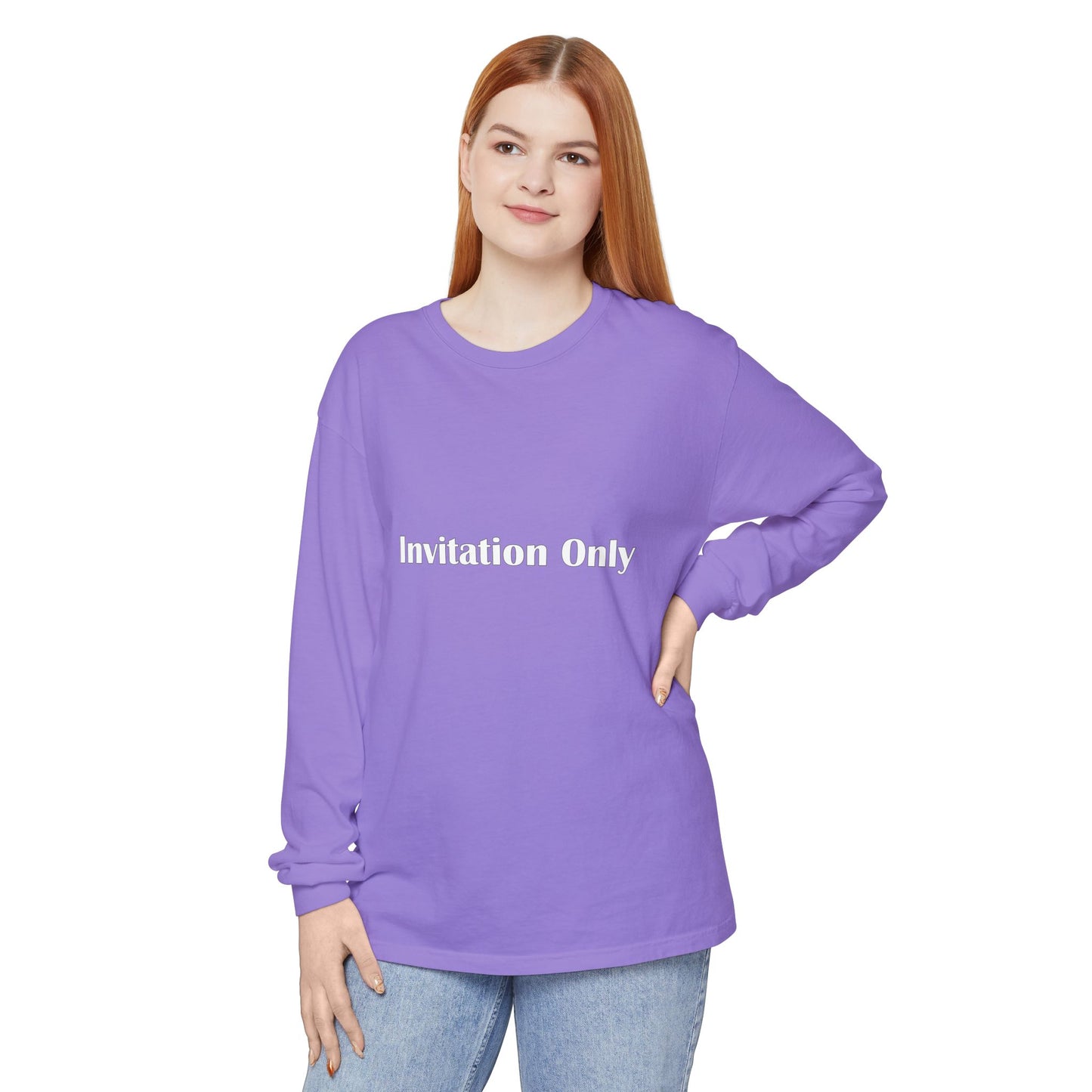 Invitation Only Long Sleeve Tee — Minimal Pink Text Graphic