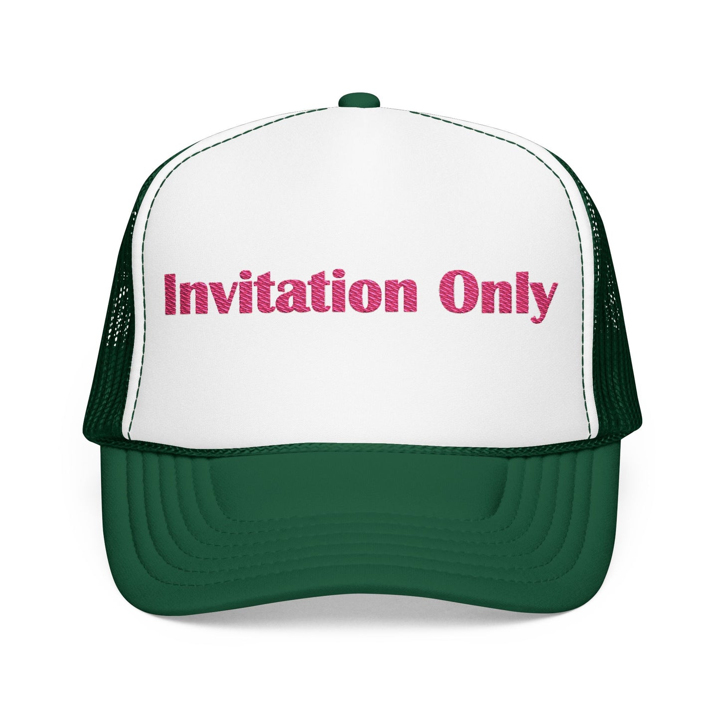 Invitation Only Trucker Hat — Pink Text Foam Cap