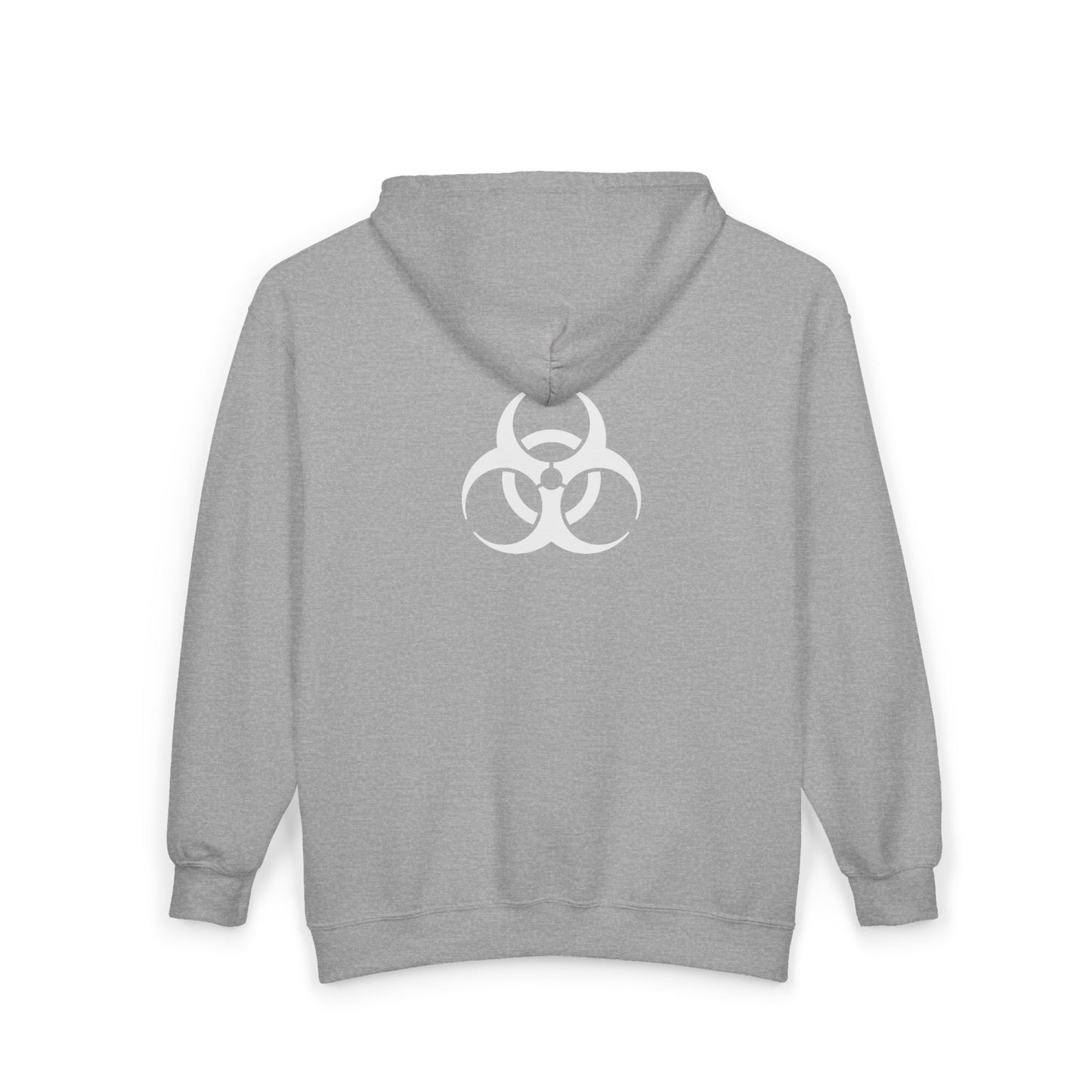 Fire. Zip Hoodie with Biohazard Back Graphic — Edgy Streetwear Zip-Up