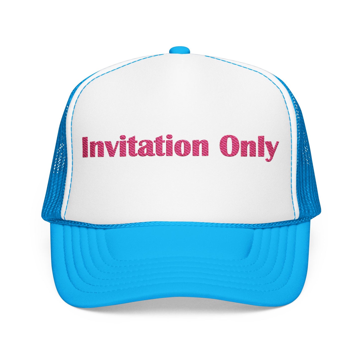 Invitation Only Trucker Hat — Pink Text Foam Cap