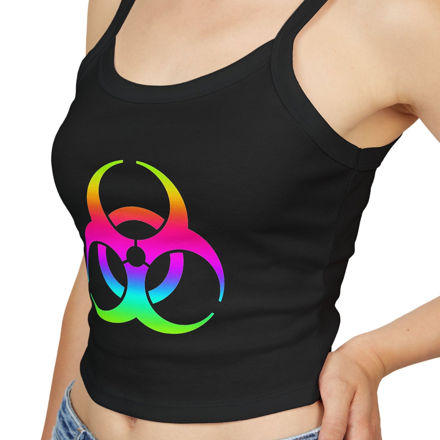 Rainbow Biohazard Crop Tank Top – Neon Hazard Symbol Spaghetti Strap