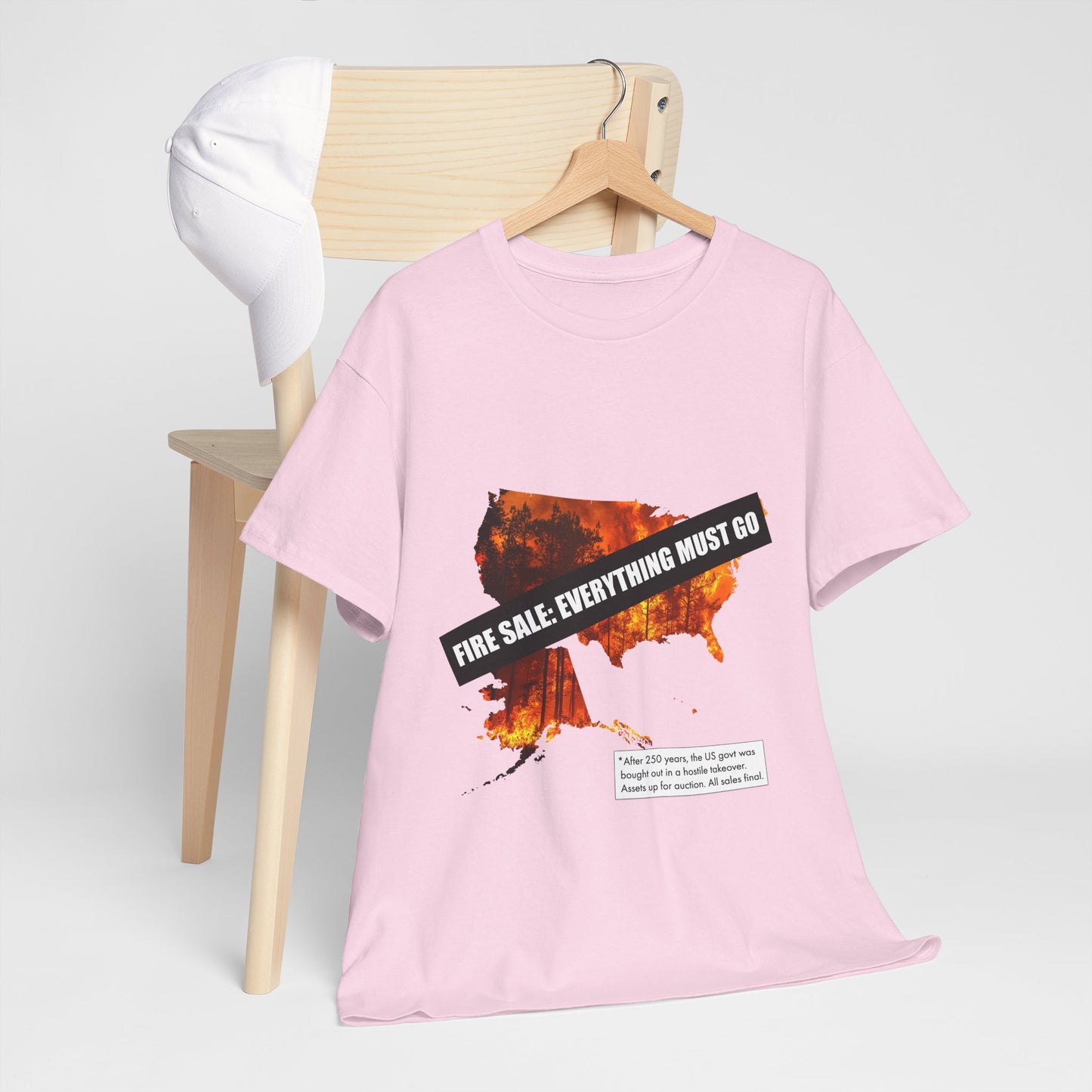 250th anniversary T-Shirt — USA on Fire Graphic Tee with “Fire Sale: Everything Must Go” Text