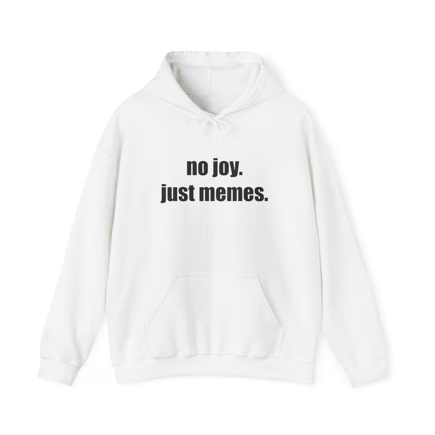Hoodie — "no joy. just memes." Minimal Meme Text Pullover