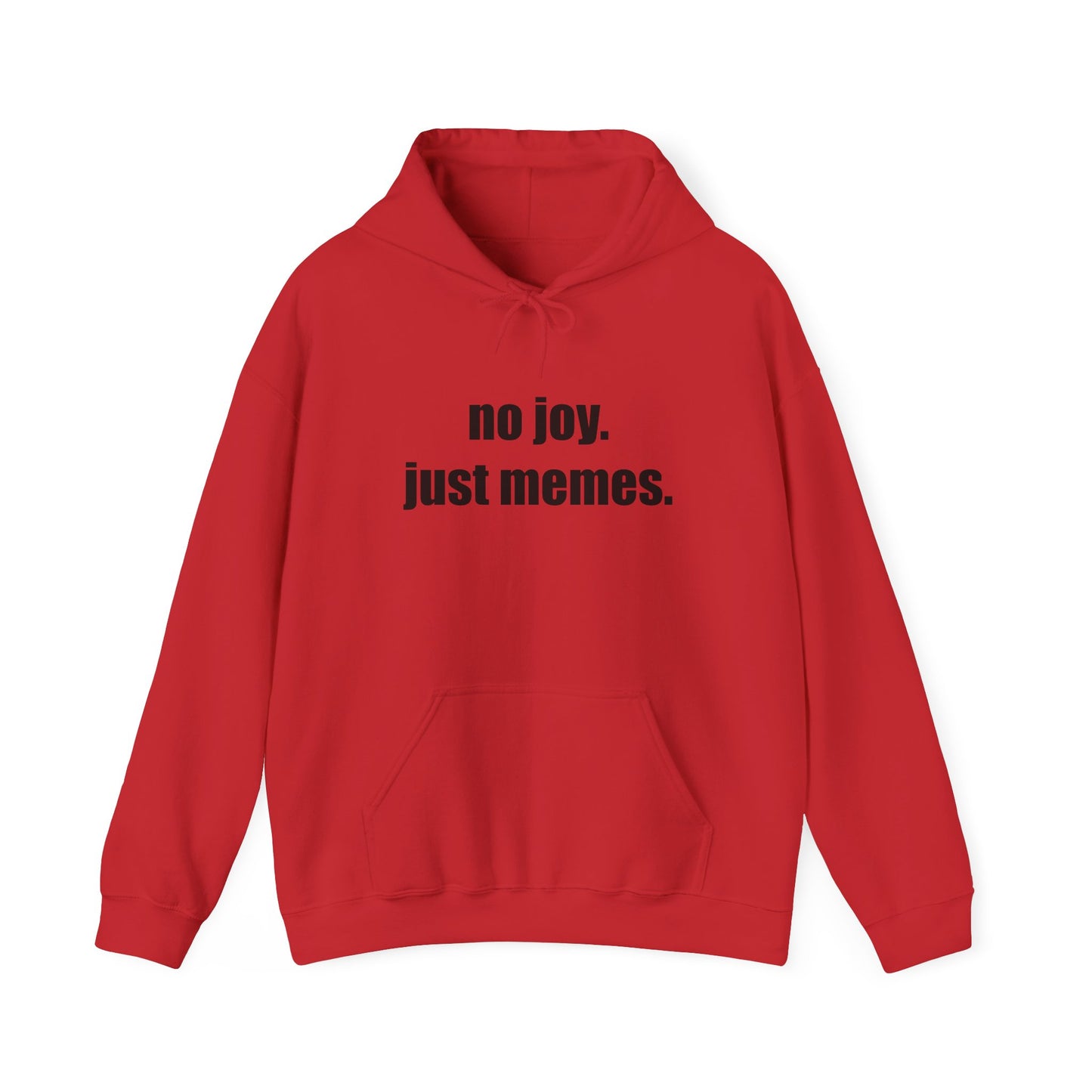 Hoodie — "no joy. just memes." Minimal Meme Text Pullover