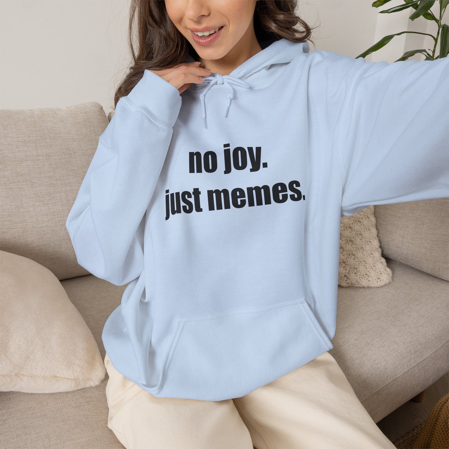 Hoodie — "no joy. just memes." Minimal Meme Text Pullover