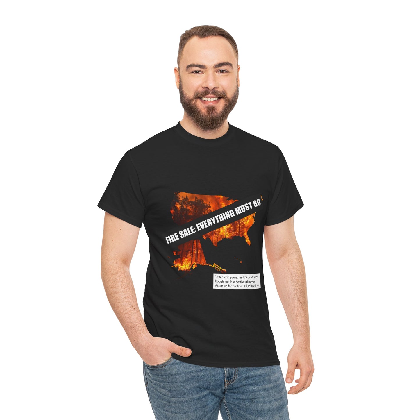 250th anniversary T-Shirt — USA on Fire Graphic Tee with “Fire Sale: Everything Must Go” Text