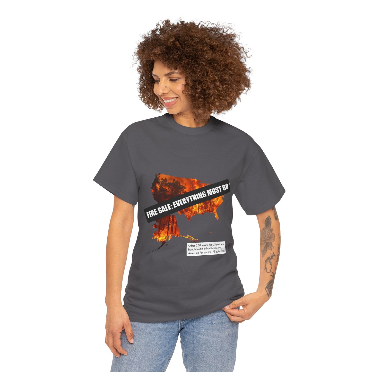250th anniversary T-Shirt — USA on Fire Graphic Tee with “Fire Sale: Everything Must Go” Text