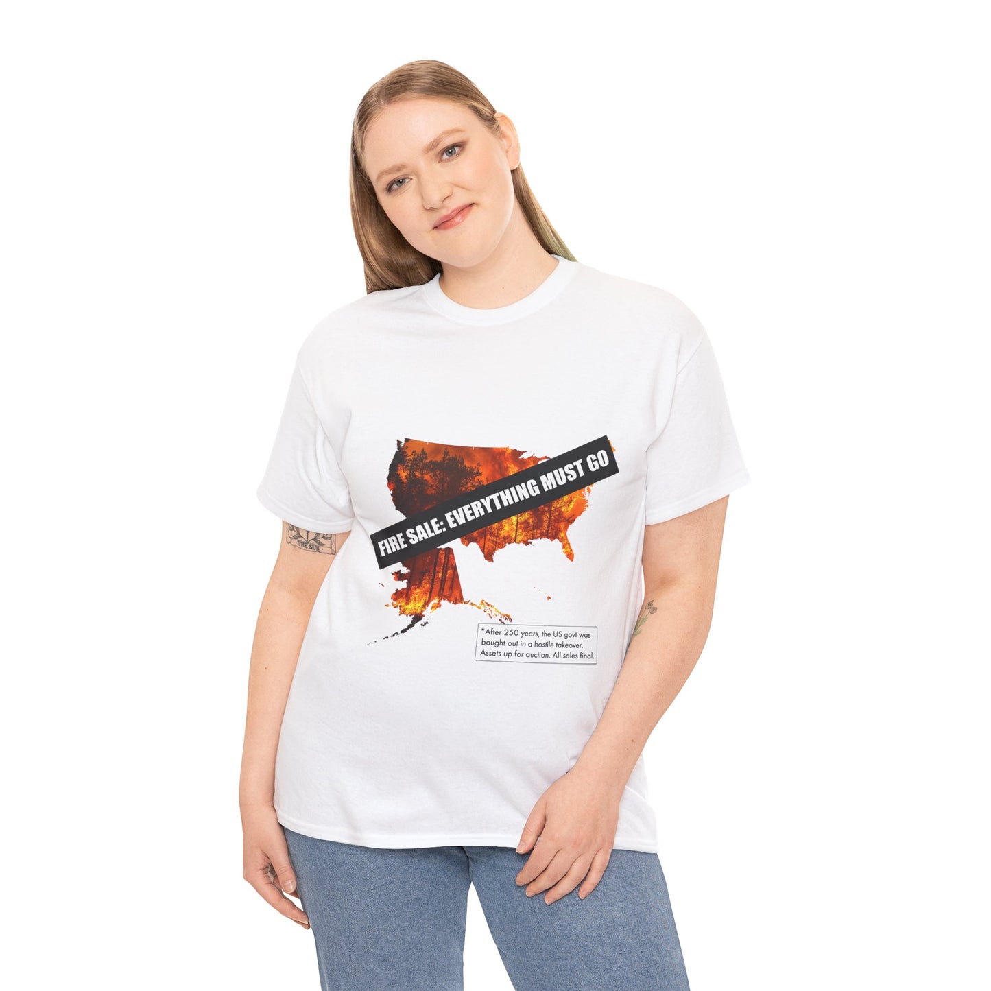 250th anniversary T-Shirt — USA on Fire Graphic Tee with “Fire Sale: Everything Must Go” Text