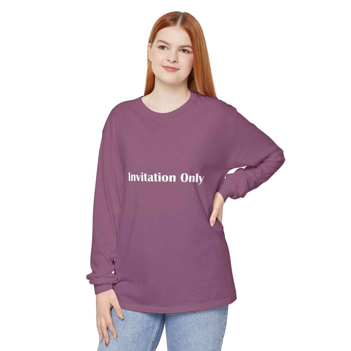 Invitation Only Long Sleeve Tee — Minimal Pink Text Graphic