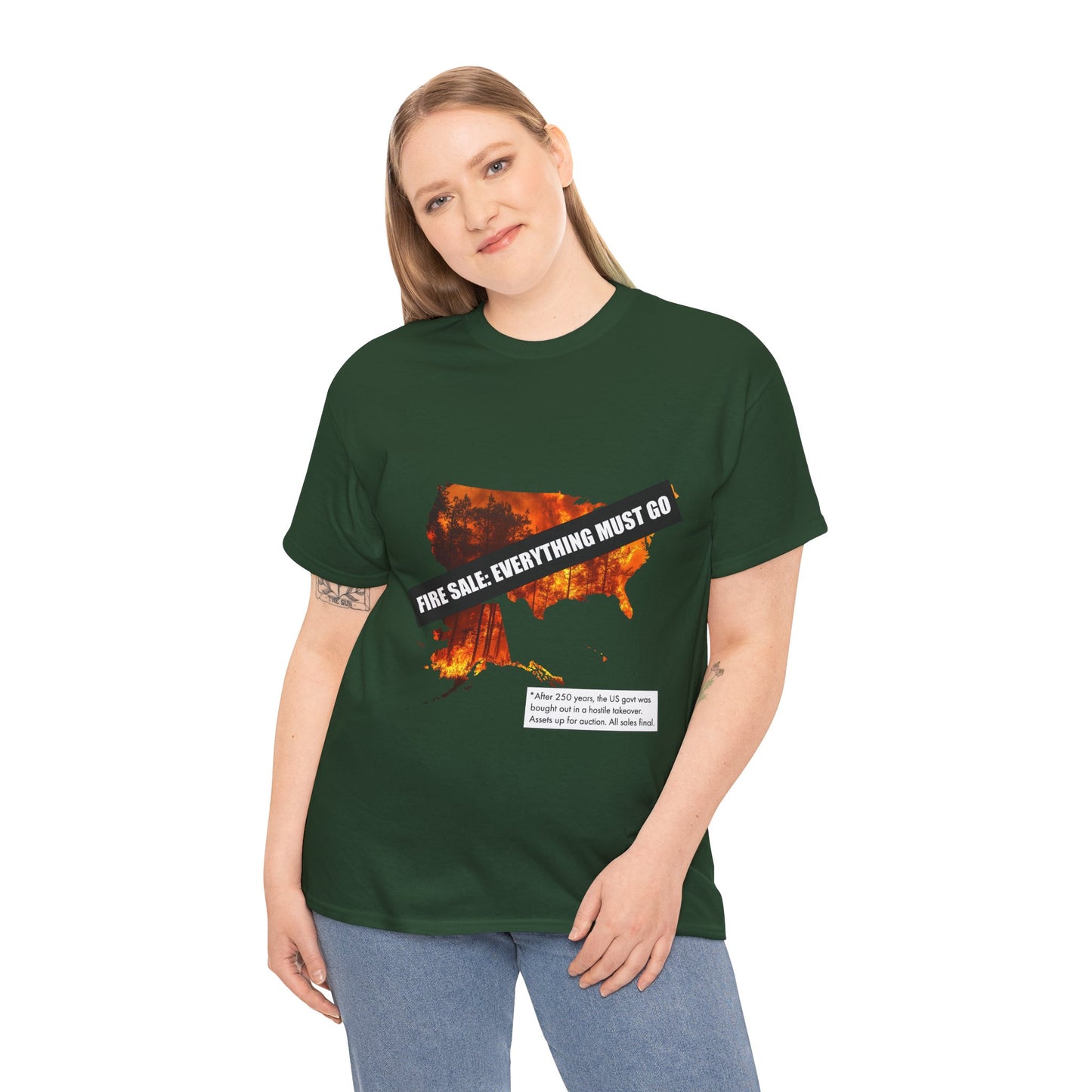 250th anniversary T-Shirt — USA on Fire Graphic Tee with “Fire Sale: Everything Must Go” Text