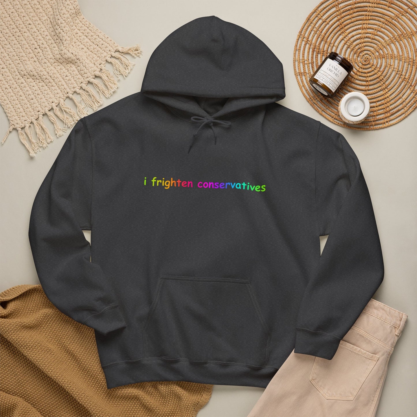 Hoodie — "I Frighten Conservatives" Rainbow Text Pullover