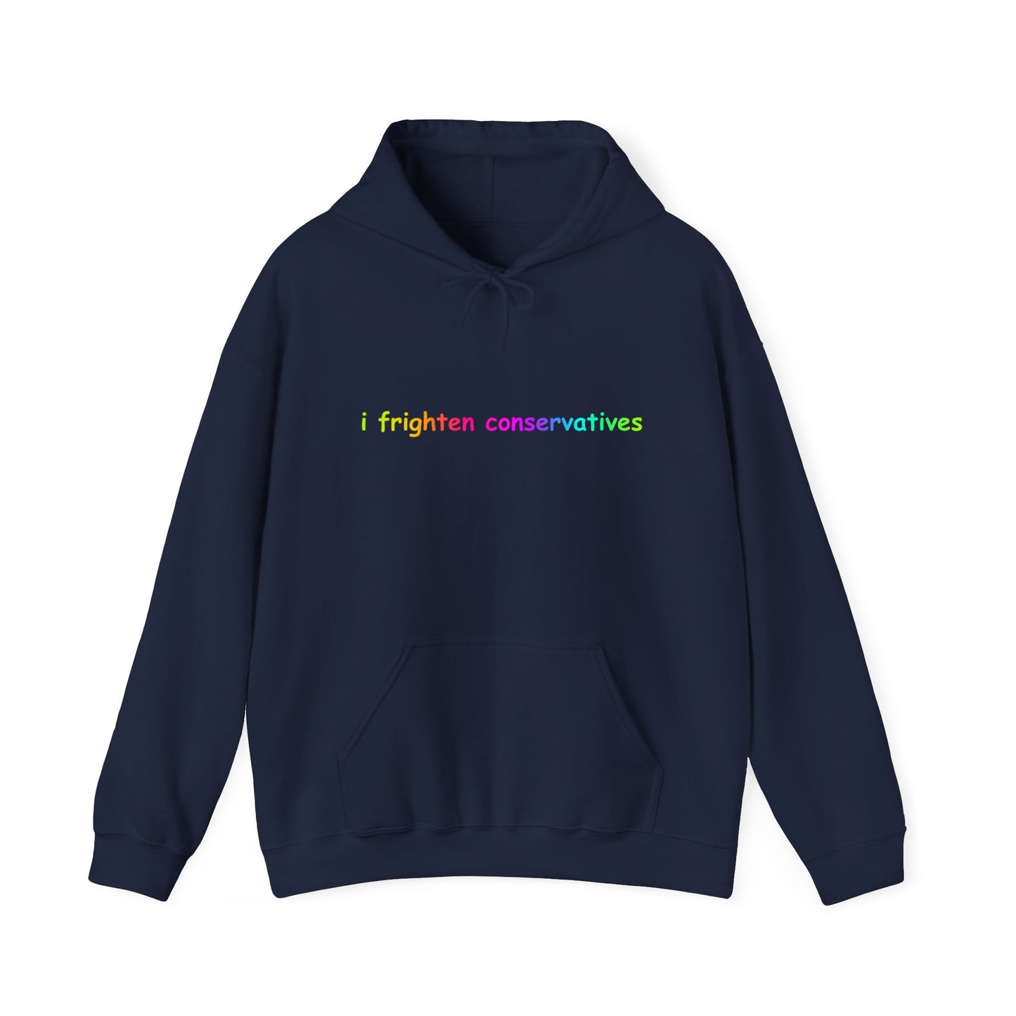 Hoodie — "I Frighten Conservatives" Rainbow Text Pullover