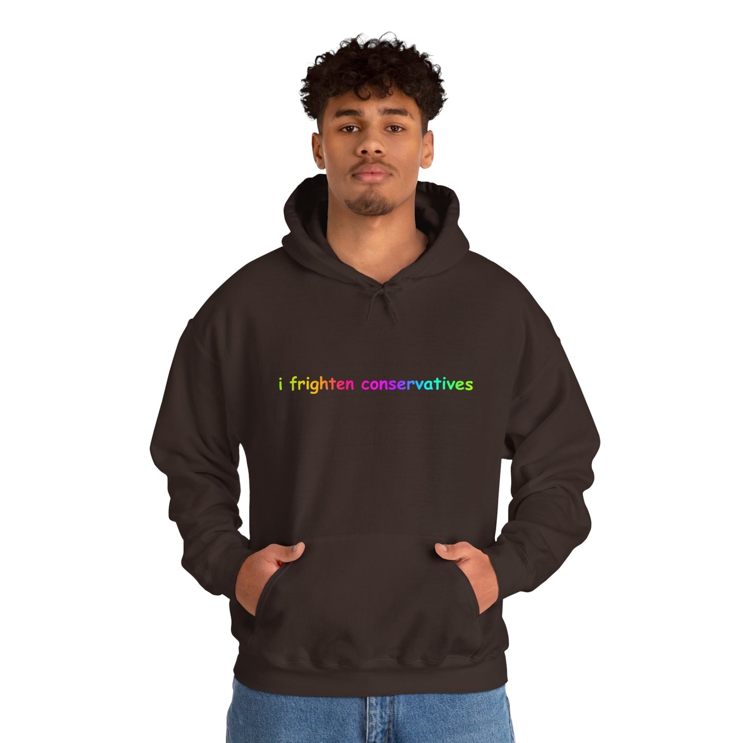 Hoodie — "I Frighten Conservatives" Rainbow Text Pullover