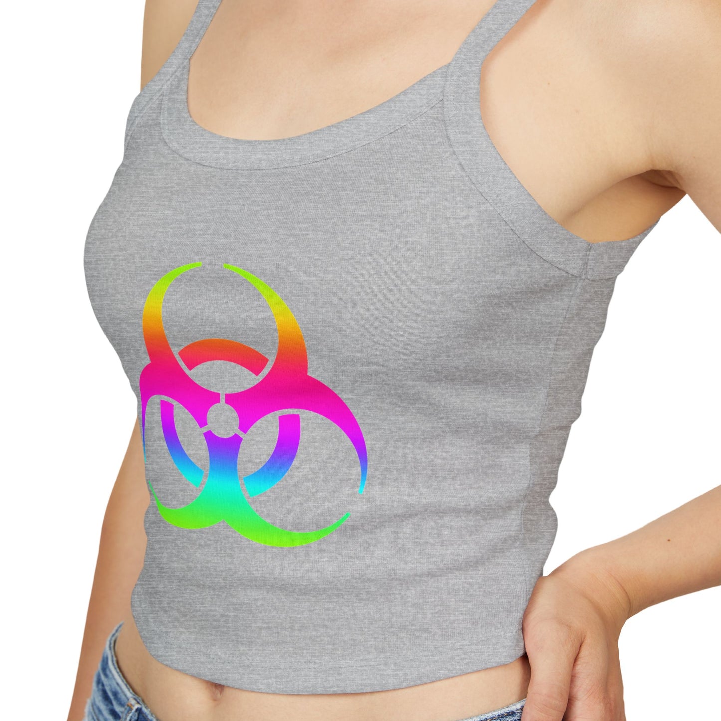 Rainbow Biohazard Crop Tank Top – Neon Hazard Symbol Spaghetti Strap