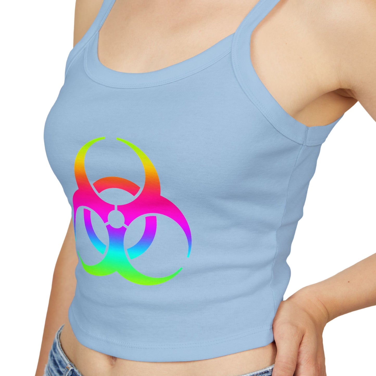 Rainbow Biohazard Crop Tank Top – Neon Hazard Symbol Spaghetti Strap