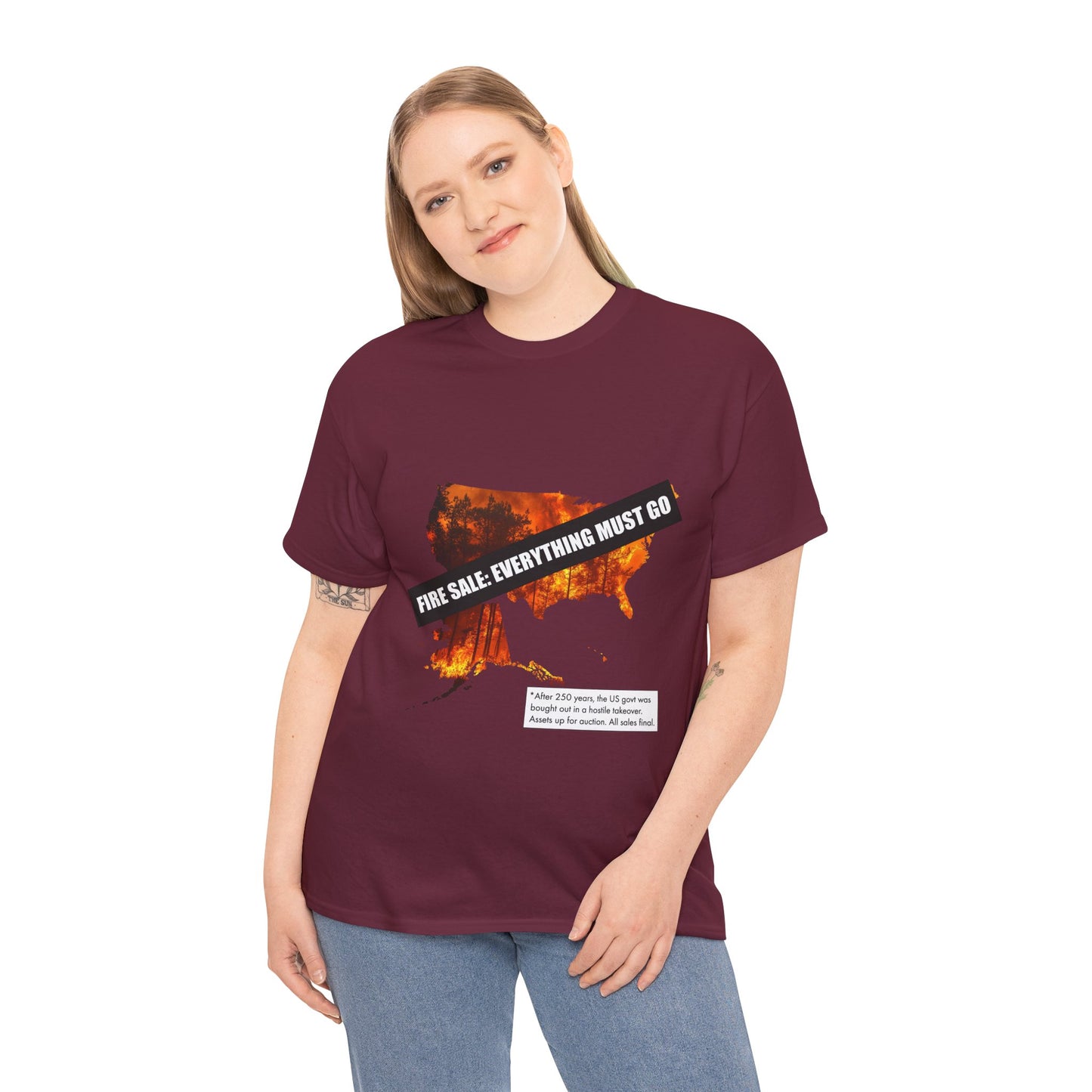 250th anniversary T-Shirt — USA on Fire Graphic Tee with “Fire Sale: Everything Must Go” Text