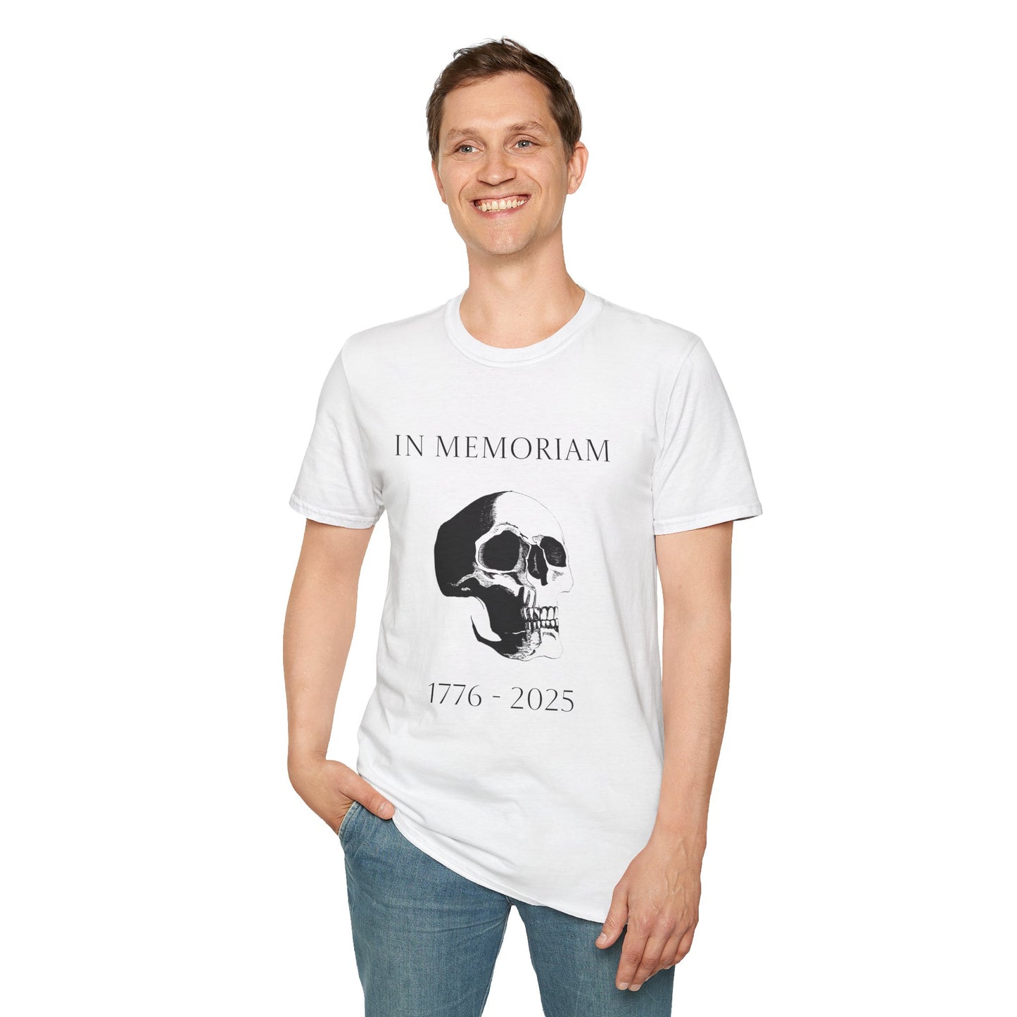 In Memoriam Skull Graphic T-Shirt, Unisex Casual Tee in Remembrance for the Death of Liberty