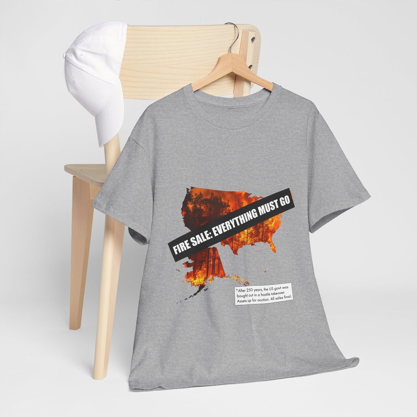 250th anniversary T-Shirt — USA on Fire Graphic Tee with “Fire Sale: Everything Must Go” Text