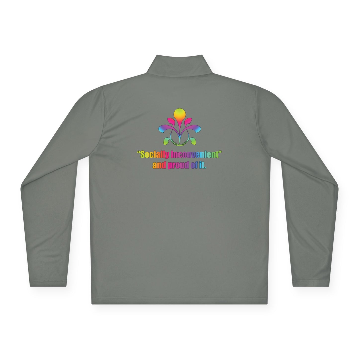 Quarter-Zip Pullover — Colorful Retro Flower Graphic with "Socially Inconvenient" Text