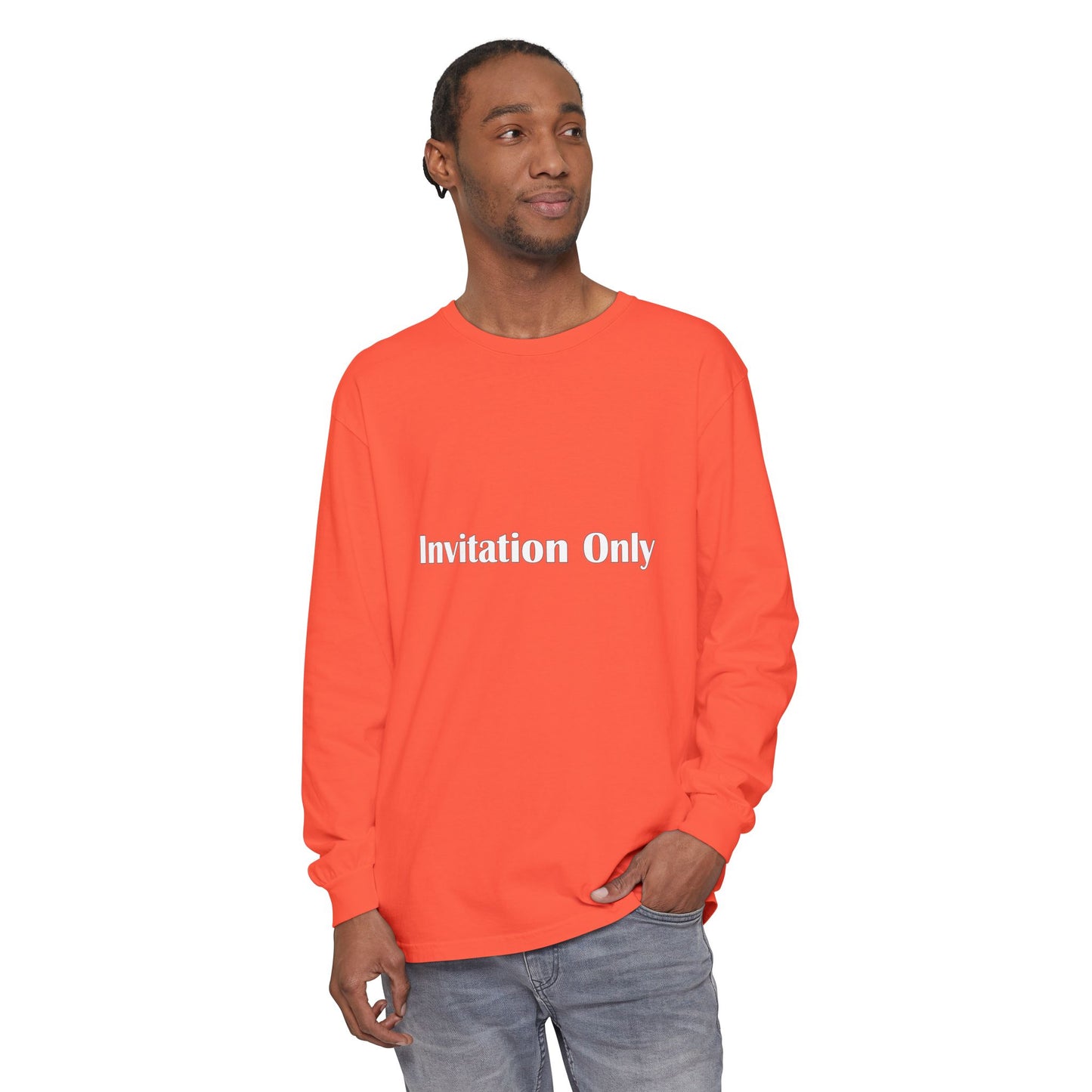 Invitation Only Long Sleeve Tee — Minimal Pink Text Graphic