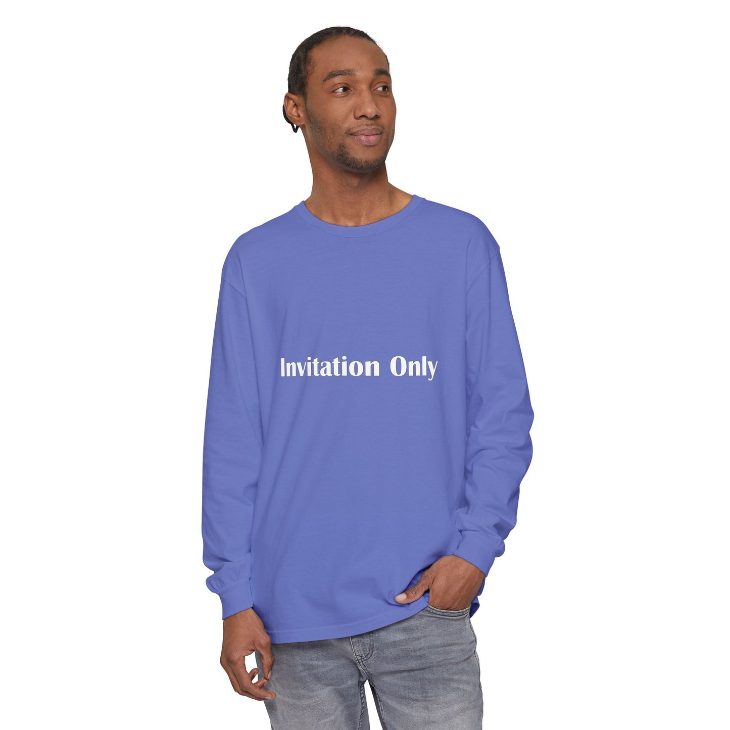 Invitation Only Long Sleeve Tee — Minimal Pink Text Graphic
