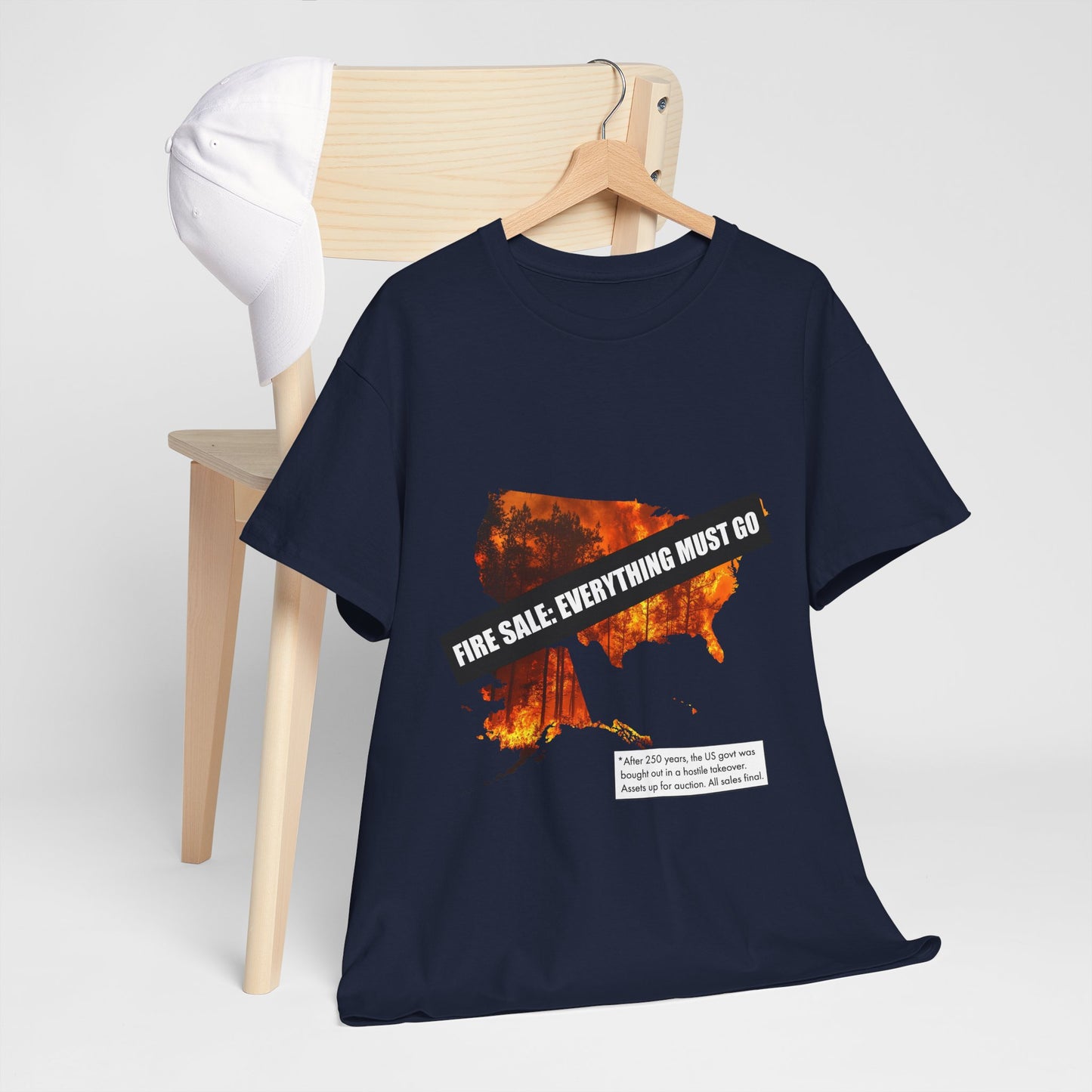 250th anniversary T-Shirt — USA on Fire Graphic Tee with “Fire Sale: Everything Must Go” Text
